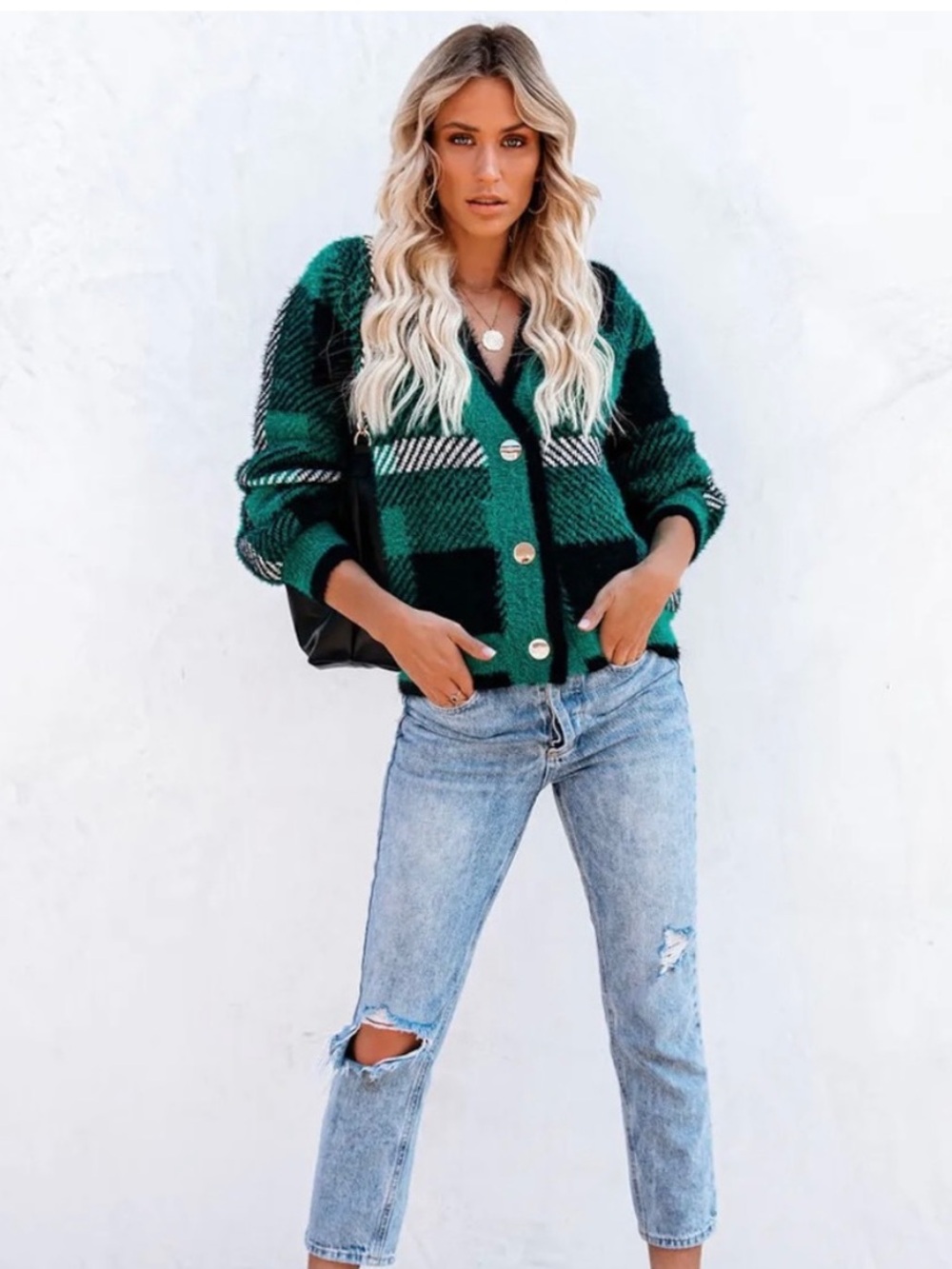 English Factory Taylor Plaid Fuzzy Knit Cardigan - Picture 2 of 8
